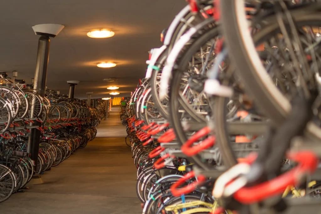 Lange Reihen abgestellter Fahrräder in einer Halle